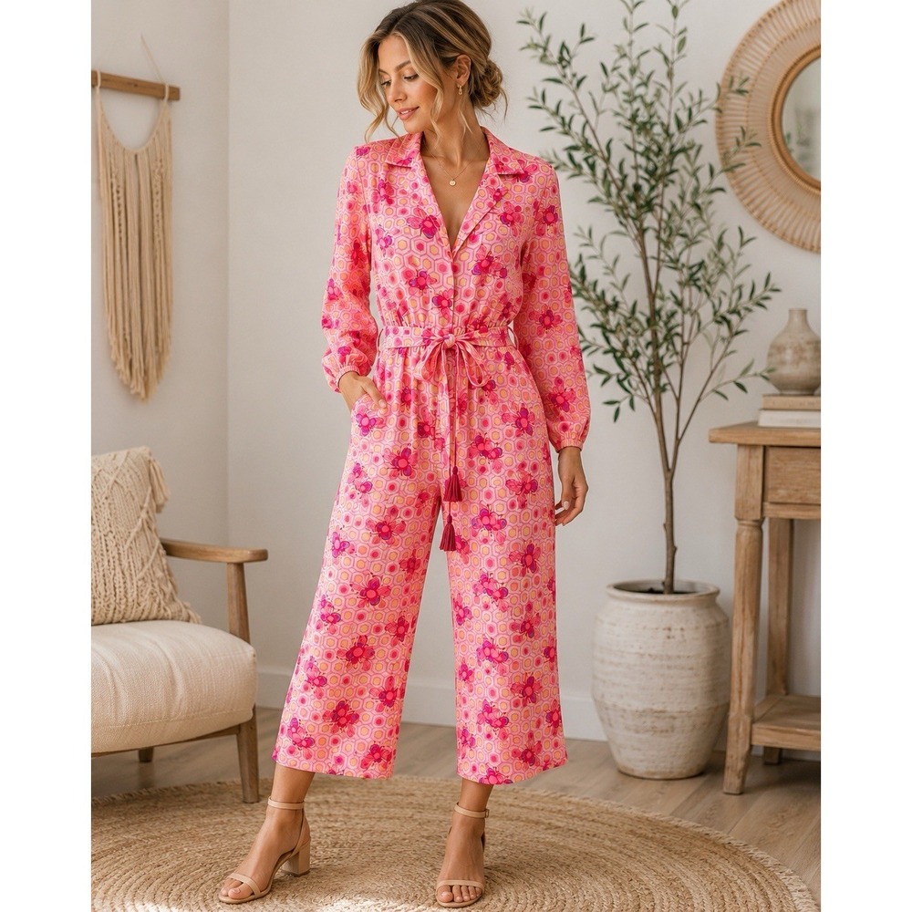 America & Beyond Bee Print Belted Jumpsuit Medium Pink Honeycomb Boho